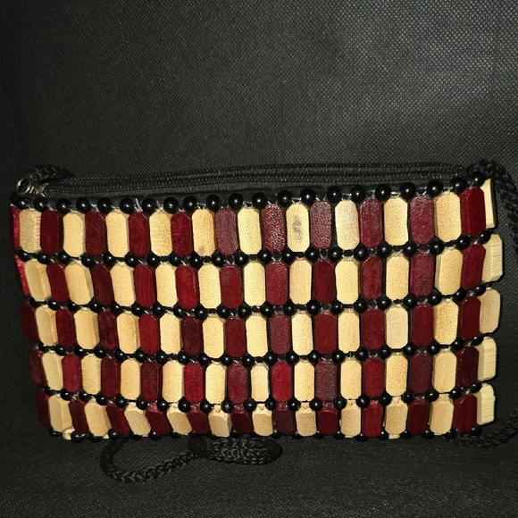 African Wooden Square Crossbody Purse in Natural and Burgundy - Picture 9 of 9